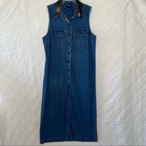 ! Blue J Denim Maxi Dress Collar Faux leather. Size L